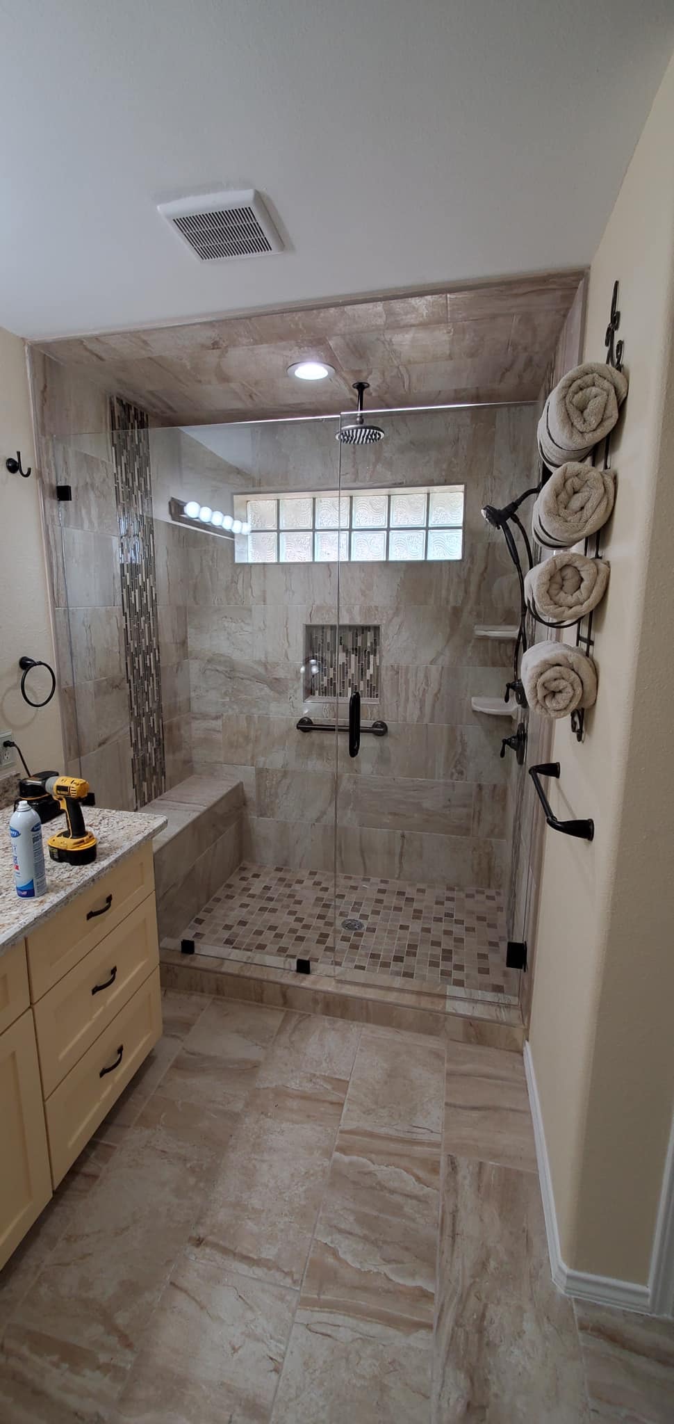 Walk-in Shower — Rain Head & Mosaic Tile